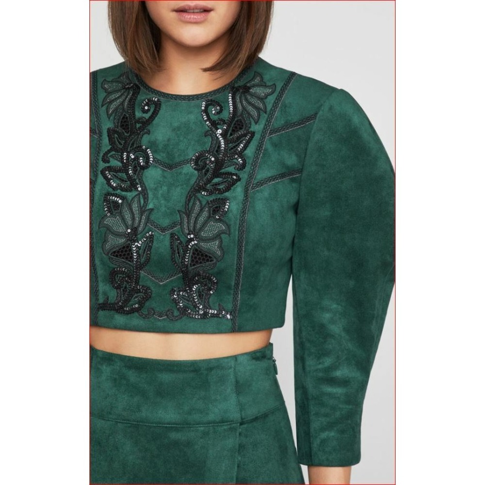 BCBGMAXAZRIA Women Spruce Green Cropped Embroidered Jacket QVV15A76-302 M - Picture 2 of 12